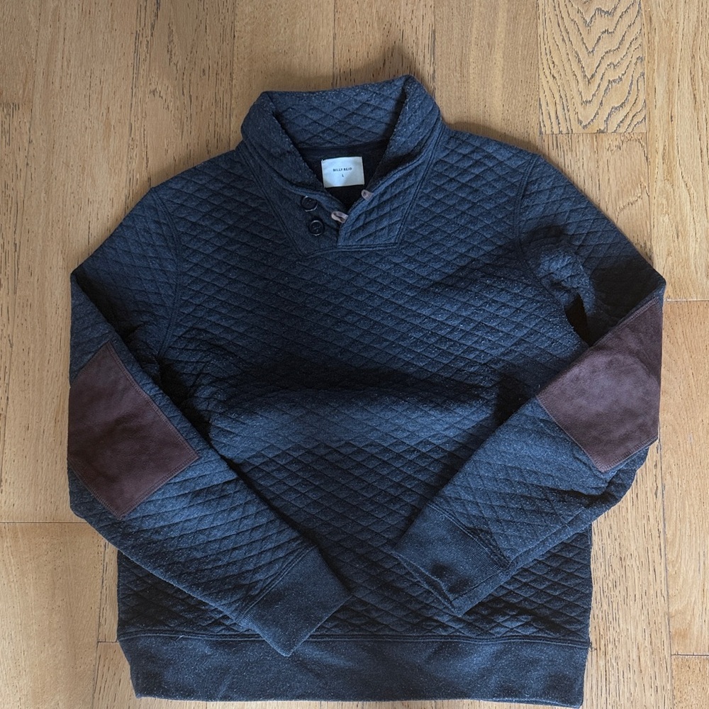 Billy Reid Quilted Navy Sweater with Brown Elbow Patches
